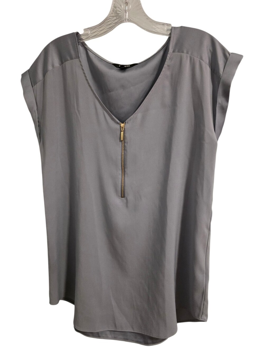 Express Silver Satin Capsleeve V-Neck Blouse Gold Tone Zipper Detail Sz M EUC